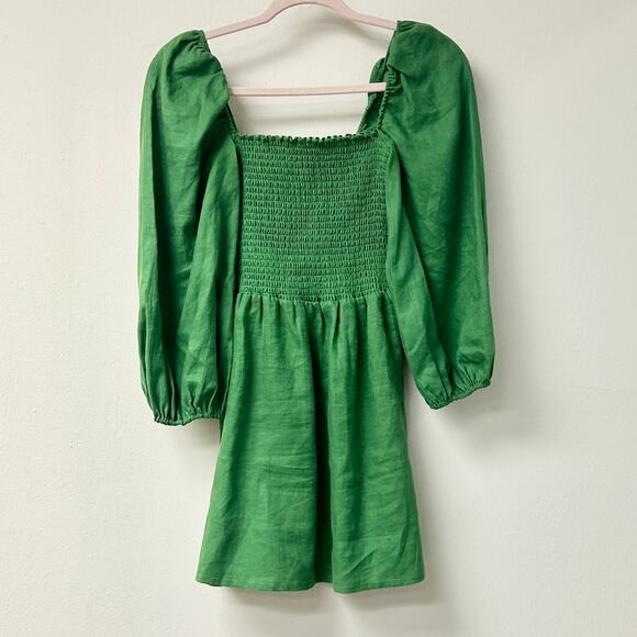 Reformation Greyson Shirred Square Neck Linen Mini Dress Green Women's Size XS - Picture 2 of 5